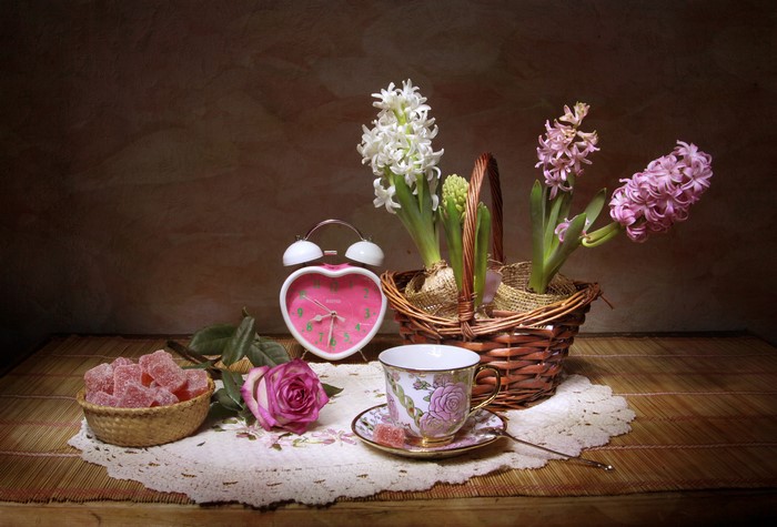 Still-life with Hyacinths, Roses, Clock, Marmalade, and Cup
