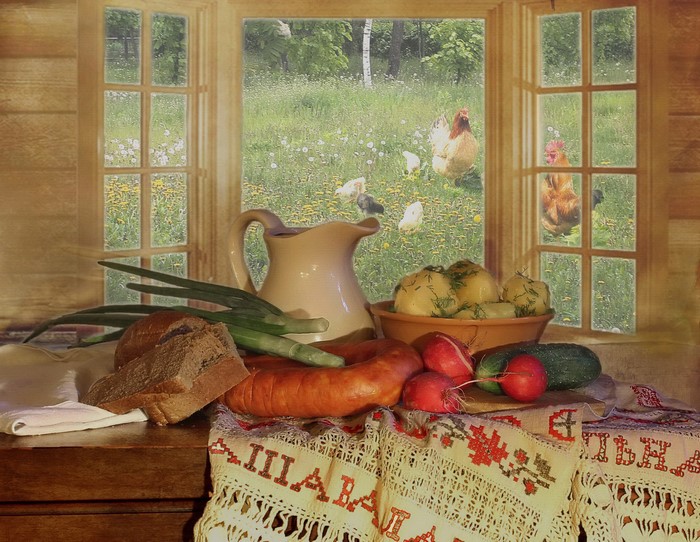 Still life with sausage, bread, vegetables, and jug