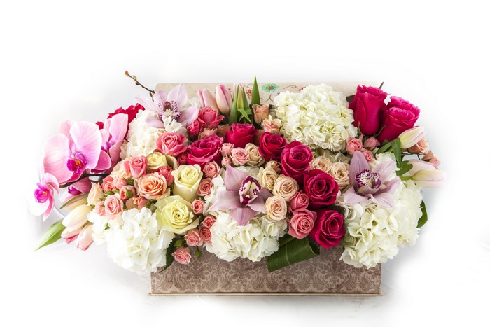 Orchid and Rose Flower Arrangement in a Box