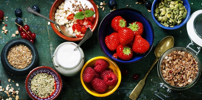 Still-life of Muesli, Strawberries, Raspberries, and Seeds