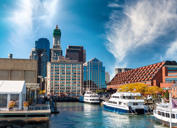 Boston Harbor with Buildings and Boats