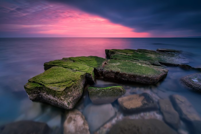 Mossy rocks in the sea at sunset