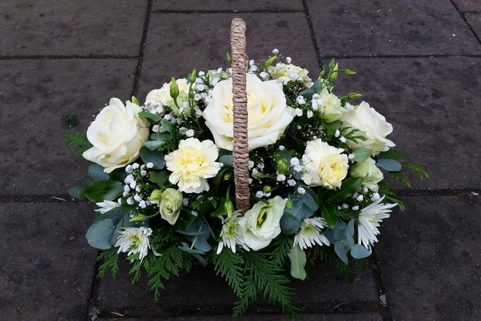 White Roses and Carnations Flower Basket Arrangement