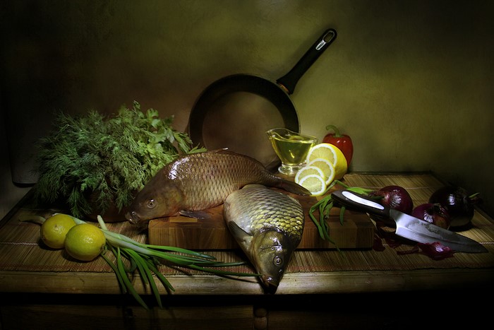 Still-life with fish, lemons, and vegetables