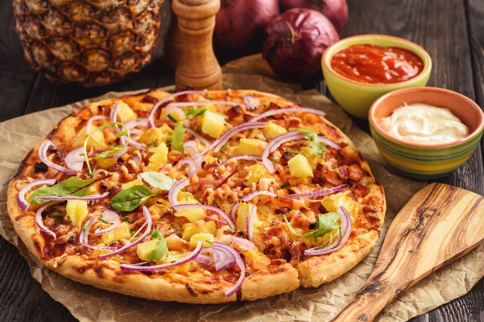 Hawaiian Pizza with Pineapple and Red Onion