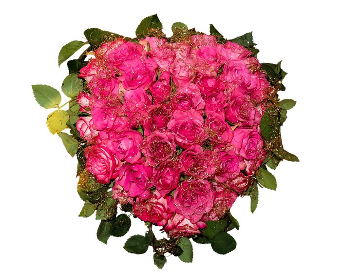 Heart-shaped bouquet of pink roses with gold accents