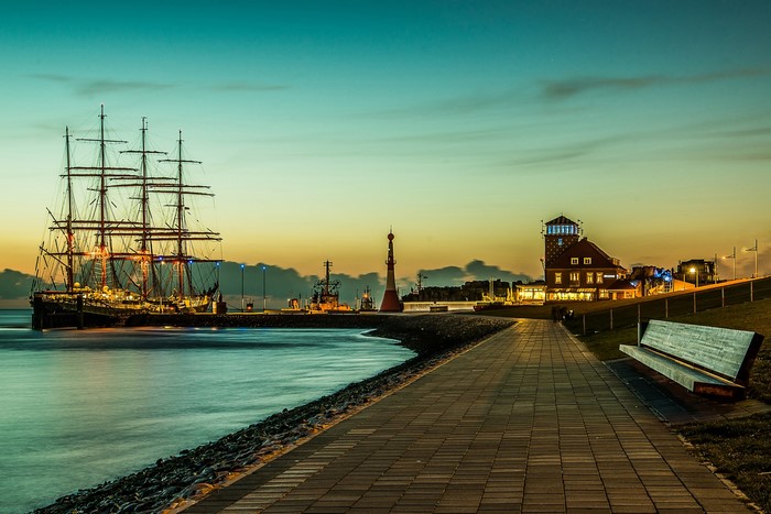 Bremerhaven Marina at Sunset with Sailing Ship