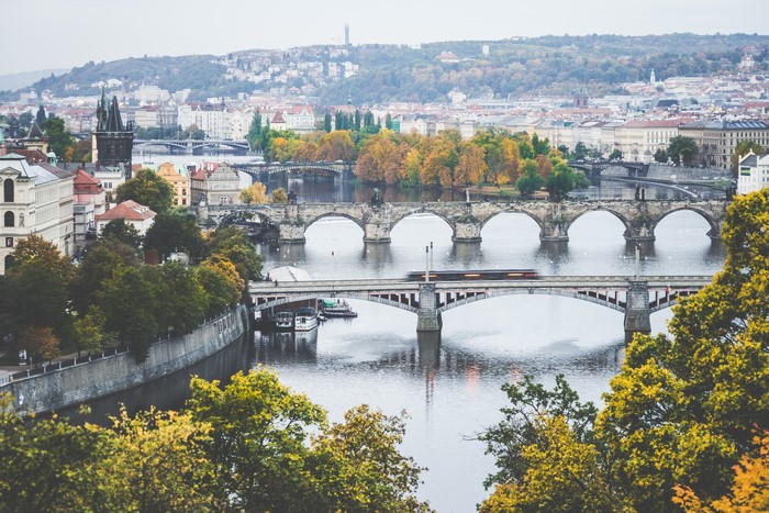 Prague bridges over Vltava River in autumn