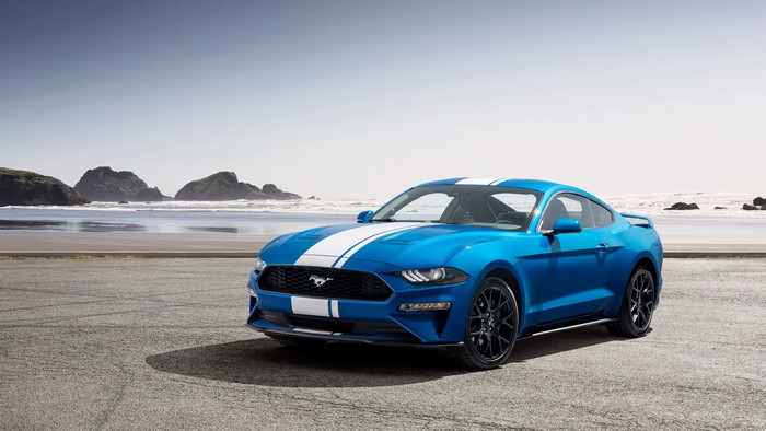 Blue 2019 Ford Mustang EcoBoost with White Stripes