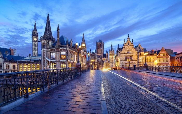 Ghent Belgium at Dusk with Historic Buildings and Bridge