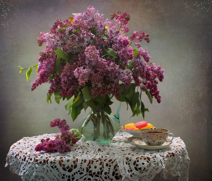 Still-life with Lilac bouquet, cup, and marmalade