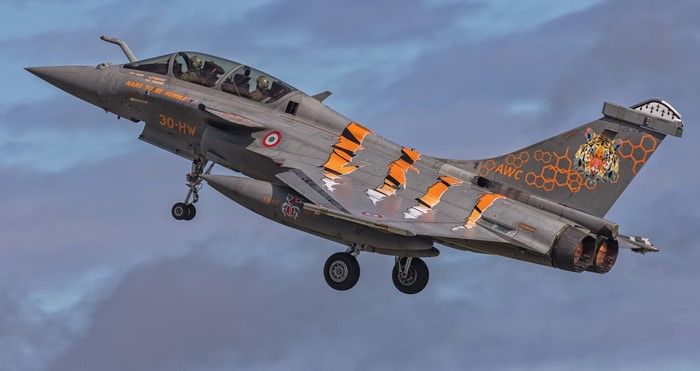 French Air Force Dassault Rafale B fighter jet with tiger livery
