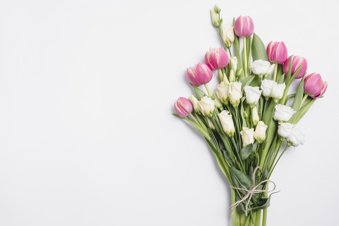Bouquet of Pink Tulips and White Eustoma Flowers