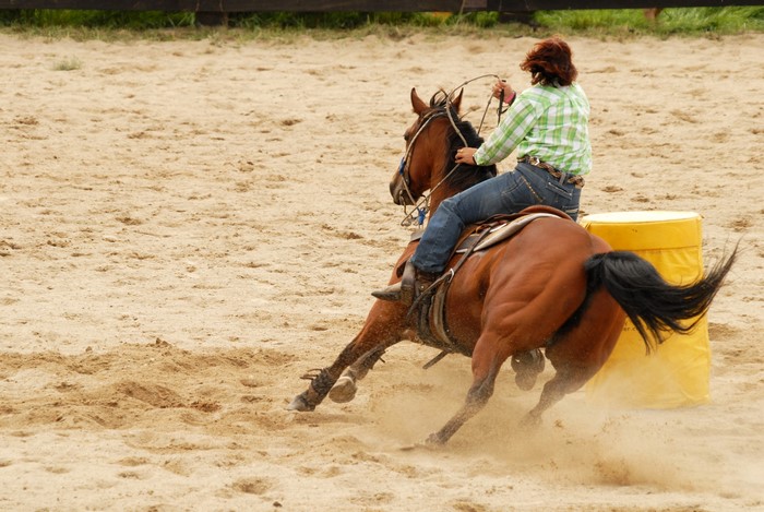 Woman riding a horse around a barrel