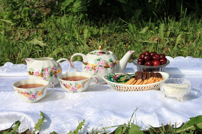 Tea set with cookies and cherries on a picnic blanket