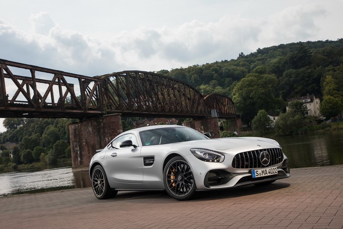 Silver 2017 Mercedes-Benz GT S by a Bridge