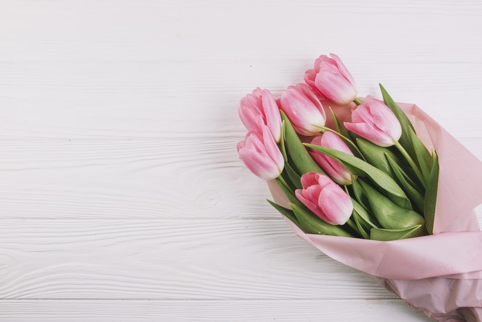 Pink Tulips Bouquet on White Wood Planks