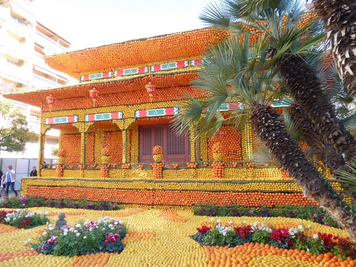 Lemon Festival in Menton, France with Orange Fruit Decorations
