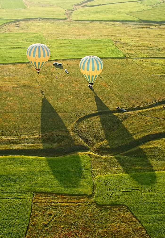 Hot air balloons over fields in Cappadocia, Turkey