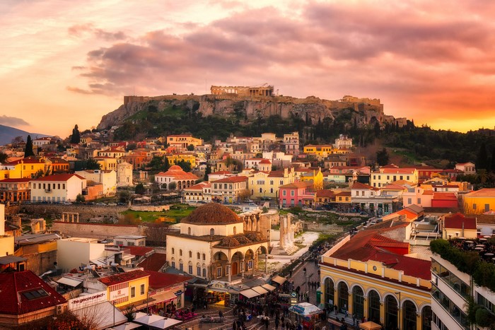 Sunset over Athens with Ancient Ruins