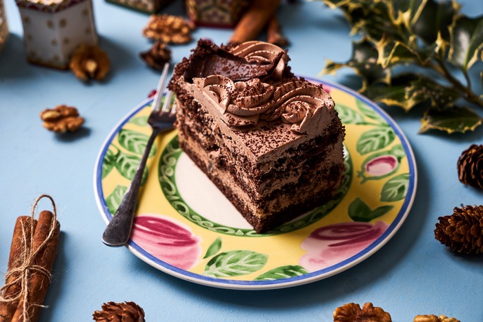 Chocolate cake slice on a plate