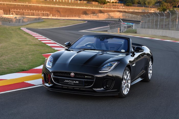 Black 2017 Jaguar F-Type R-Dynamic Convertible on Racetrack