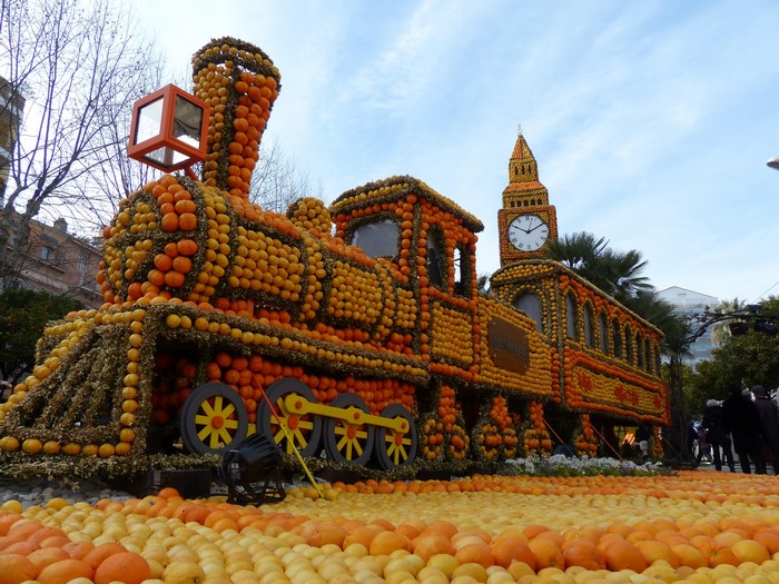 Train and Big Ben made of citrus fruits in Menton, France