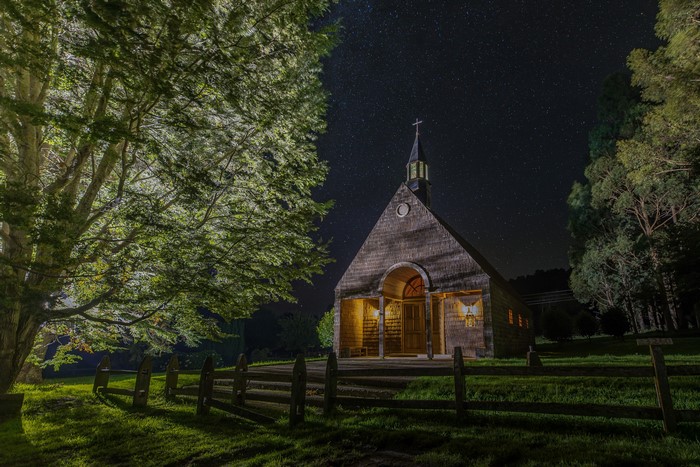 4K Church at Night in Futrono, Chile