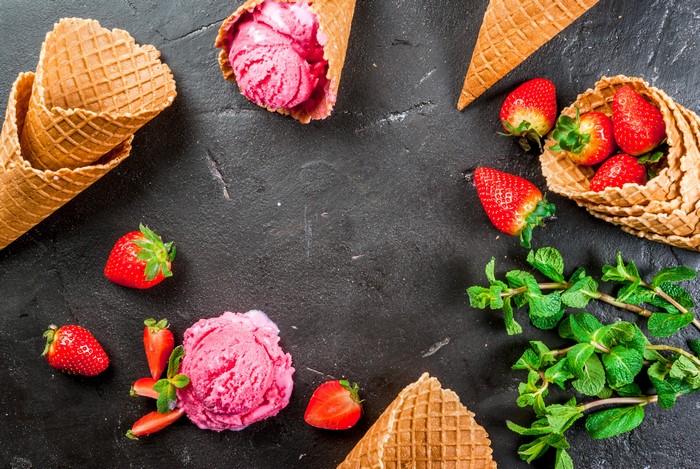 Strawberry Ice Cream Cones and Mint