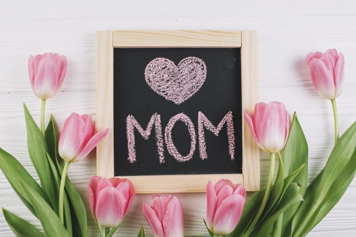 Pink Tulips and Chalkboard with "MOM" and Heart
