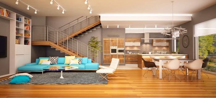 Modern living room with open-plan kitchen and dining area
