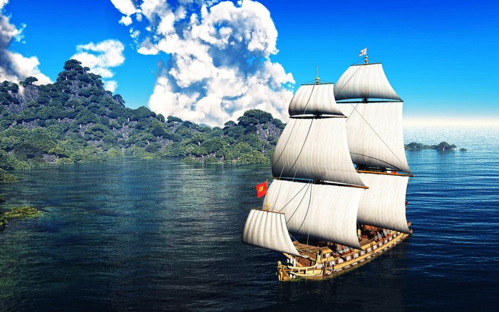 Sailing Ship on Calm Sea Near Green Island