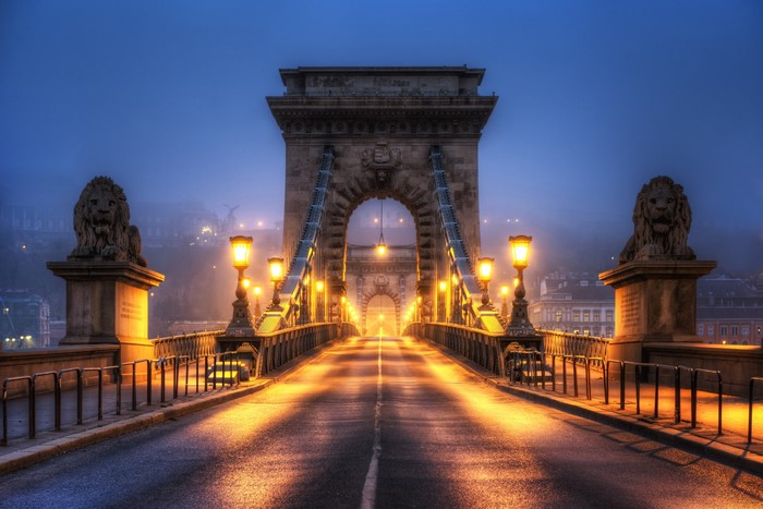 Chain bridge with lion sculptures in Budapest at night