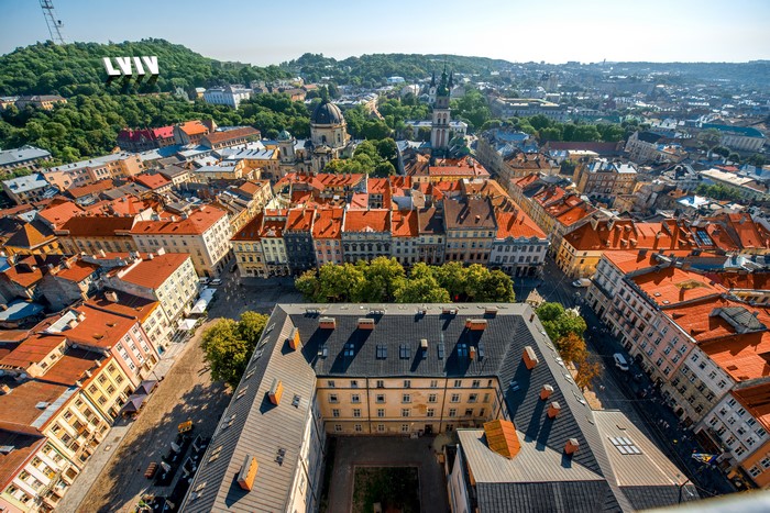 Lviv city skyline with red roofs from above