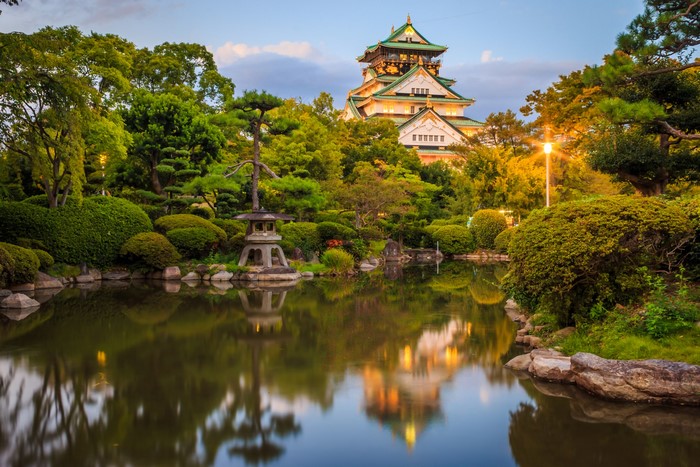 Osaka Castle park with pond and Japanese garden