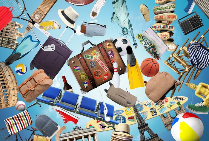 Travel Collage with Landmarks and Sports Equipment