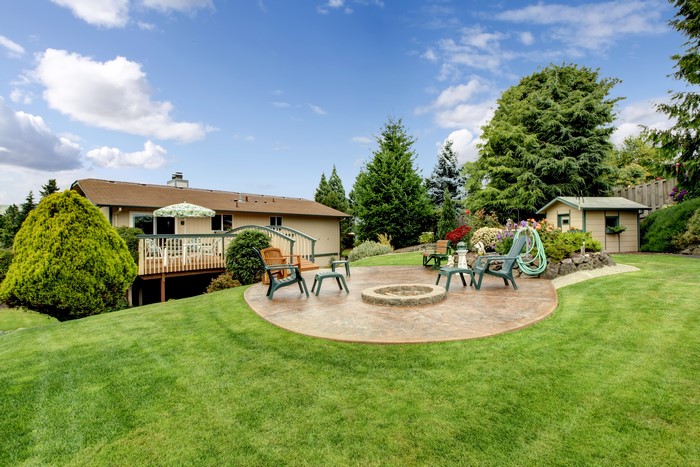 Backyard patio with fire pit and deck