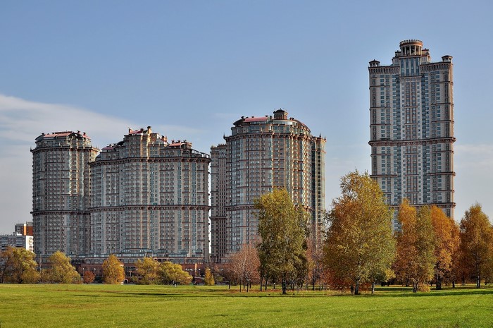 Apartment buildings in Moscow, Russia with trees
