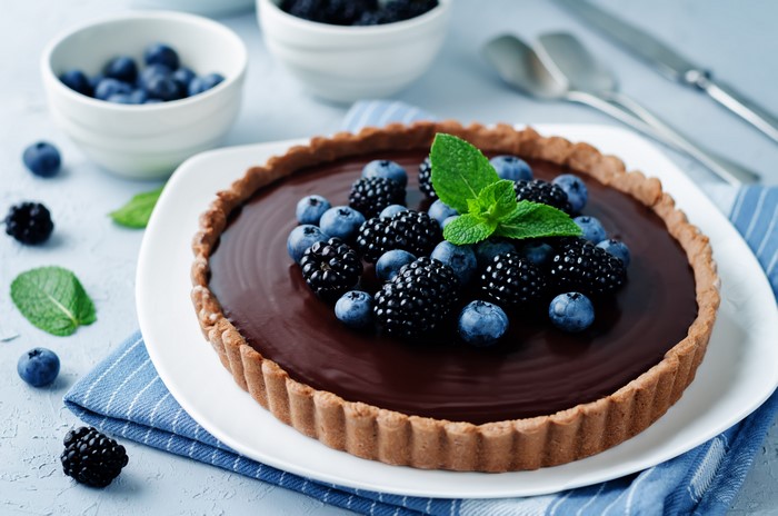 Chocolate tart with blackberries and blueberries