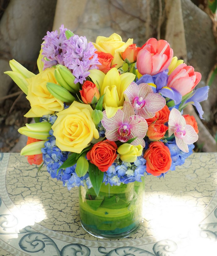 Colorful Flower Arrangement with Roses, Orchids, and Tulips