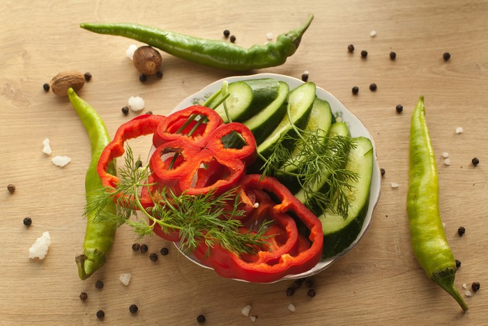 Vegetables: Bell pepper, Cucumbers, Dill, Green chili peppers
