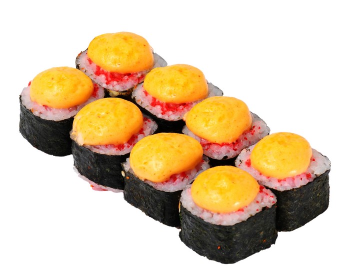 Baked sushi rolls with orange sauce and red caviar