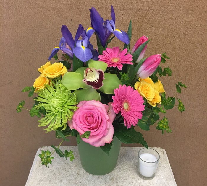 Orchid, Irises, Roses, and Gerberas Flower Arrangement