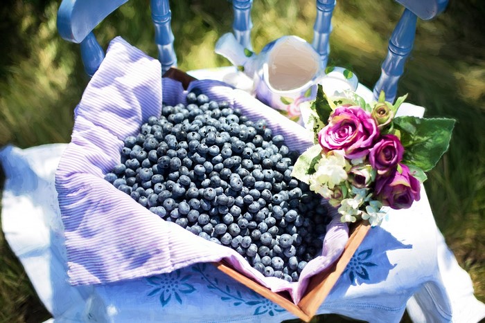 Basket of Blueberries with Roses