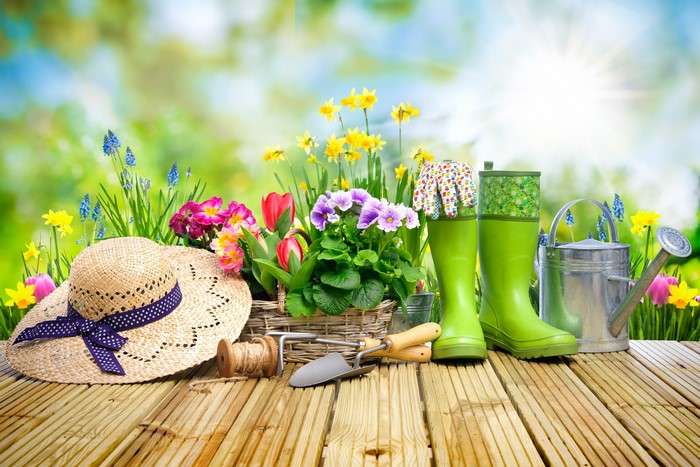 Spring Gardening Scene with Flowers, Hat, and Boots