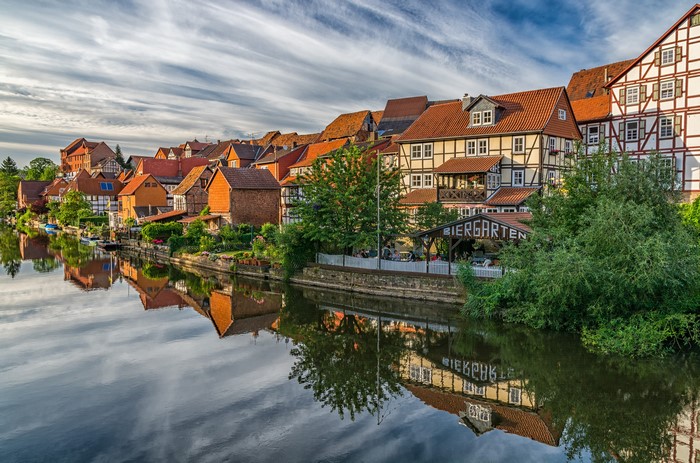 Half-timbered houses along a river in Bad Sooden-Allendorf, Germany