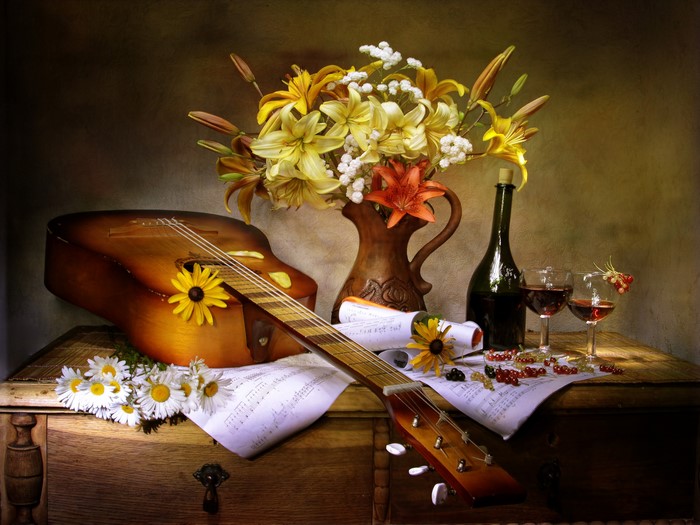 Still life with guitar, flowers, wine, and fruit