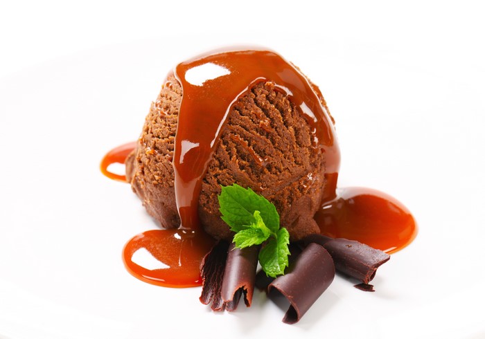 Chocolate ice cream with caramel sauce and mint