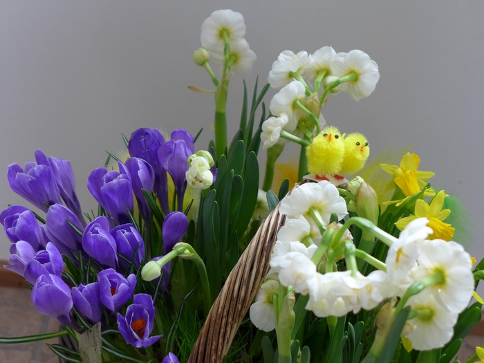 Easter flower arrangement with chicks