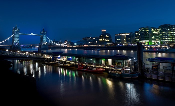 Tower Bridge and London skyline at night